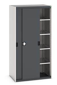 Bott cubio cupboard with lockable sliding doors 2000mm high x 1050mm wide x 650mm deep and supplied with 4 x 100kg capacity shelves.   Ideal for areas with limited space where standard outward opening doors would not be suitable. ... Bott Cubio Sliding Door Cupboards restricted space tool cupboard